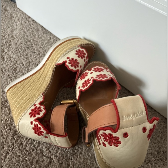 See by chloe red and white embroidered platform espadrilles size 38/7.5 usa - Picture 5 of 6